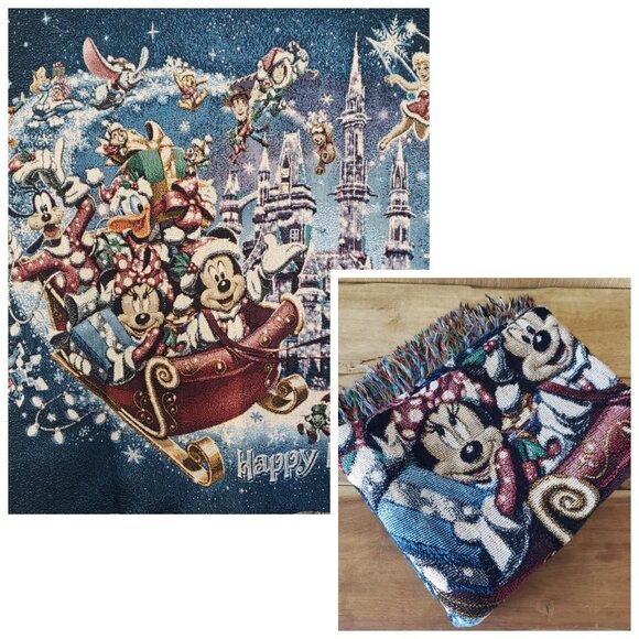 2014 Disney Woven Tapestry Throw Blanket Happy Holidays Mickey Mouse & Friends - Picture 1 of 16